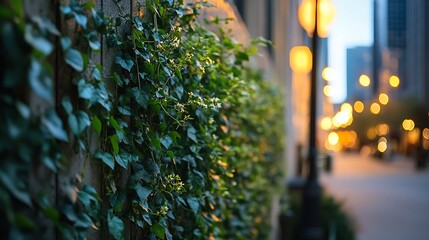 Green Ivy Vines Climbing A Wall With City Lights Blurred In Background