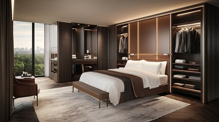 Luxury hotel suite bedroom with city view, walk-in closet, and modern design