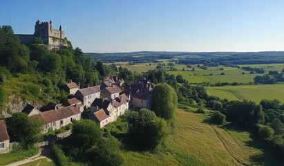 Fototapeta premium Aerial View of Medieval Castle and Village in France