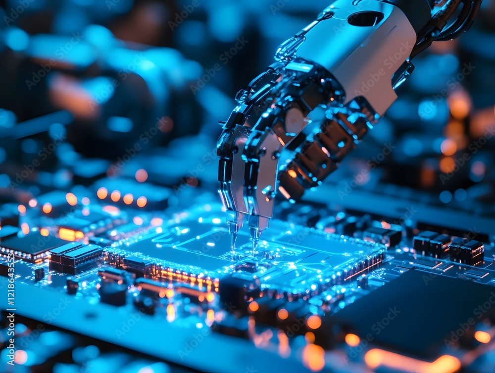 Poster a close-up view of a robotic hand interacting with a computer chip on a circuit board, showcasing ad
