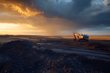 Fototapeta premium Excavator at Sunset Dramatic Landscape Construction Site