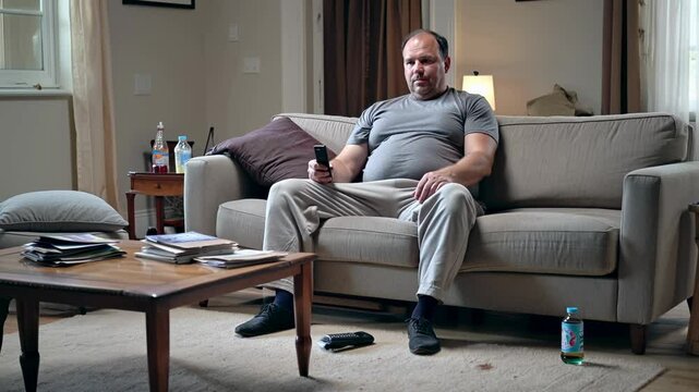 A fat man in his 40s is sitting on a couch watching television in a cluttered living room. Sedentary lifestyle and obesity concept