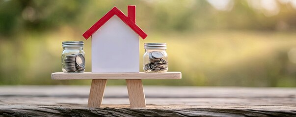 Household debt planning concept. A small model house with a red roof is displayed on a wooden stand, flanked by jars filled with coins, symbolizing savings and home investment.