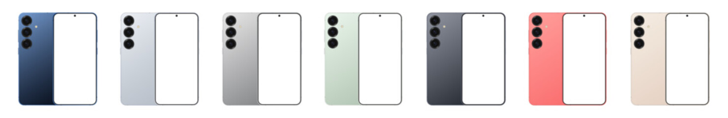 Samsung Galaxy S25 - Smartphone screen mockup front and back view. Phone mockup with transparent screen. Vector EPS 10