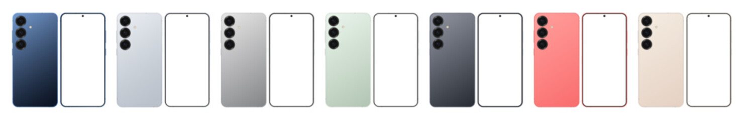 Samsung Galaxy S25 - Smartphone screen mockup front and back view. Phone mockup with transparent screen. Vector EPS 10