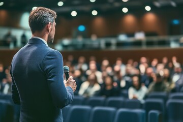 Professional speaker addresses audience at corporate event in a modern conference hall during the evening hours