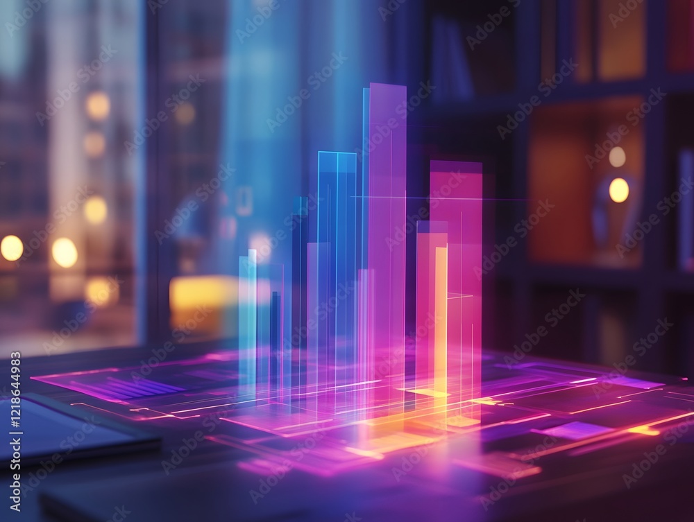 Poster a futuristic digital visualization of data analytics featuring colorful bar graphs and glowing lines