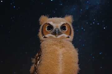 Fototapeta premium Cute owl chick perched against a starry night sky in a natural setting displaying its fluffy feathers and big eyes