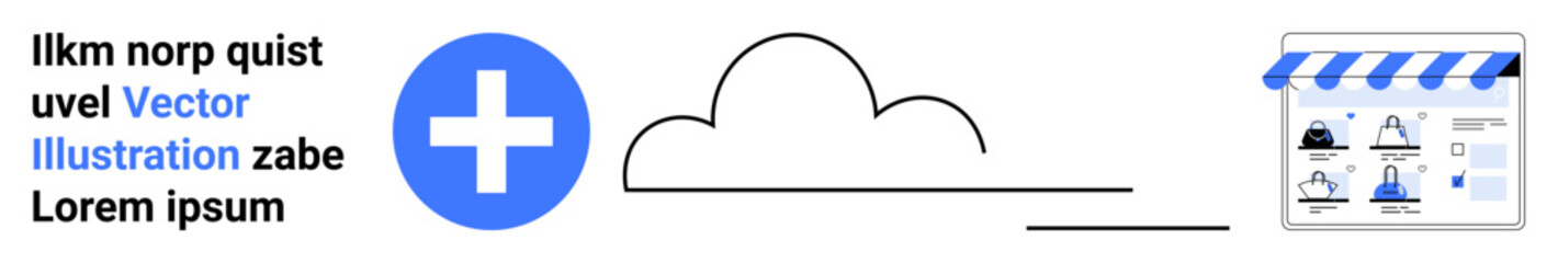 Obraz premium Medical plus sign, cloud, and online store with blue canopy highlight digital healthcare integration. Ideal for telemedicine, e-commerce, cloud storage, medical services, online pharmacies