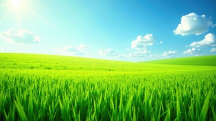 Fototapeta premium Serene Landscape Rolling Green Field Under a Bright Sunny Sky with Fluffy White Clouds