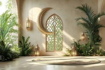 Fototapeta premium Sunlit Room with Arched Windows Crescent Moon Decoration and Hanging Lanterns