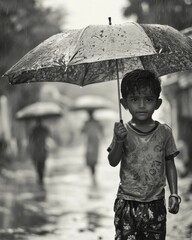 Indian child holding umbrella in rainy street monsoon season portrait photography urban environment close-up view resilience