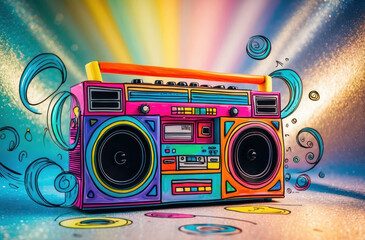 Bright, dreamy illustration photo with hand painted boombox on background shimmering with textured gradients.