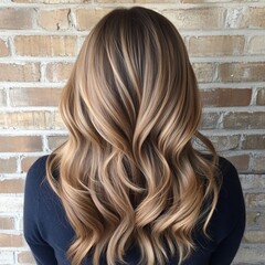 Stunning Balayage Hair: Long Wavy Blonde and Brown Highlights Against Brick Wall