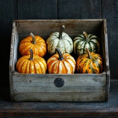 Rustic Wooden Crate Filled with Vibrant Pumpkins Displaying Different Colors and Patterns, Perfect for Autumn Decor and Seasonal Celebrations