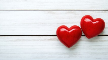 Fototapeta premium Two glossy red hearts are placed on a rustic wooden surface, evoking feelings of love and affection.