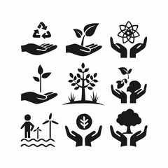 A collection of black and white icons representing various aspects of sustainable living, such as recycling, plant growth, and environmental protection.