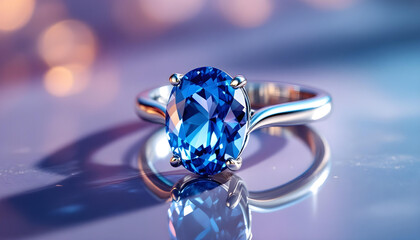 A stunning sapphire ring with a platinum band, illuminated by soft light, resting on a polished mirror surface with a gradient purple and gold background.