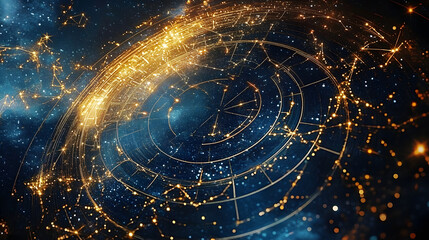 Zodiac signs and constellations in a cosmic sky. Astrology theme digital illustration with star map