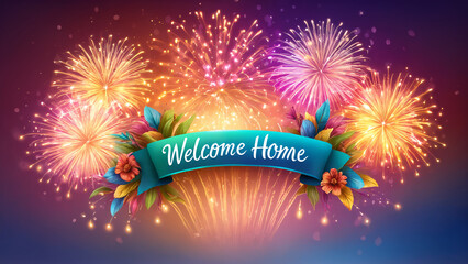 Welcome home banner with colorful firework background.
