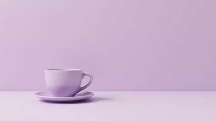 A single lavender cup and saucer rests on a pale purple surface against a matching background, a minimalist scene of serenity and calm.