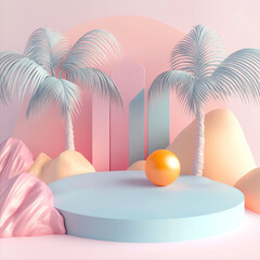 Surreal pastel landscape with palm trees and sphere