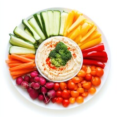 A colorful vegetable crudit鑼�platter with hummus dip, isolated white background, pop art style