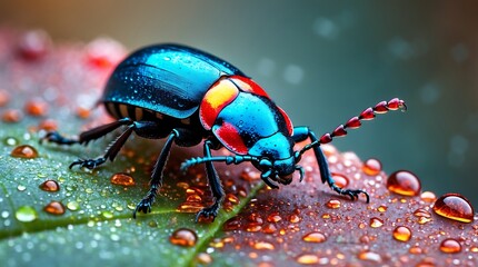 Fototapeta premium Vibrant Jewel Scarab Beetle on Dew-Covered Leaf