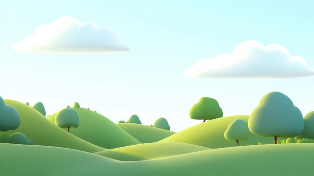Cartoon landscape with rolling green hills and clouds
