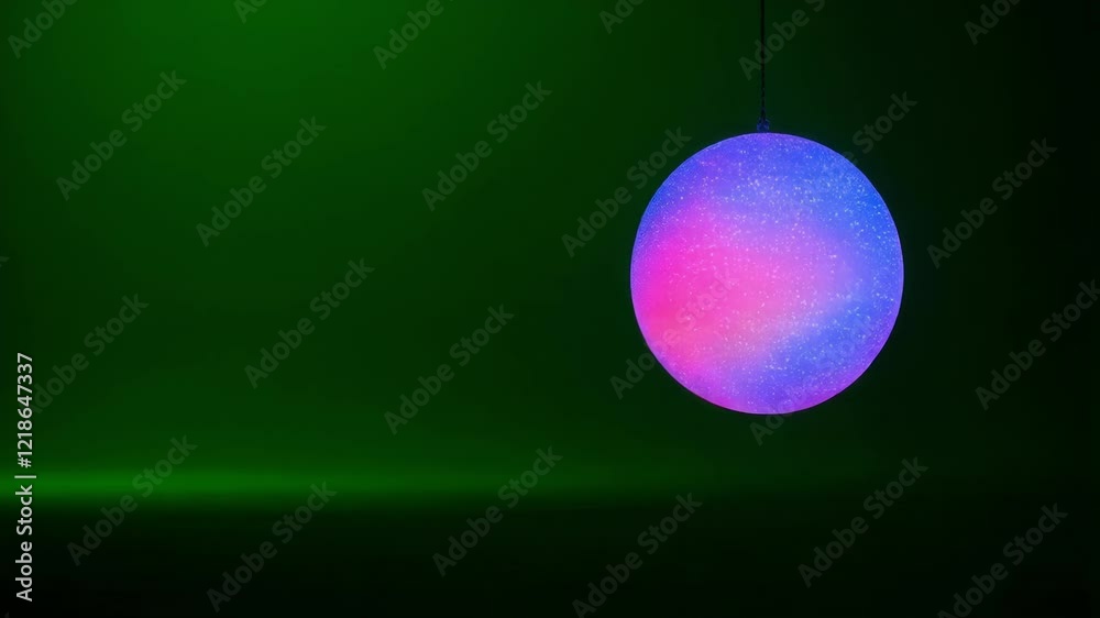 Poster multicolored spherical object gently rotating against vibrant green screen background, showcasing se