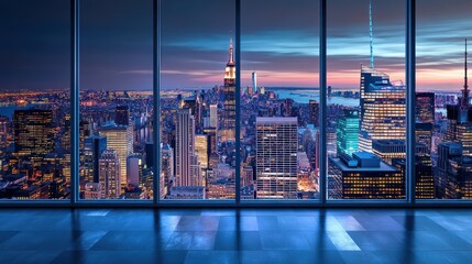 Cityscape view through large windows at dusk showing illuminated skyline and a dark floor