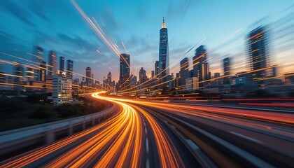 Obraz premium City lights and skyscrapers captured at high speed with motion blur, featuring glowing orange and yellow light trails that curve into the horizon at sunset. hd image