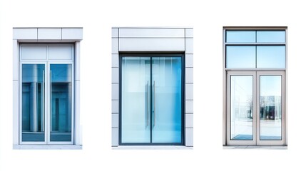 Fototapeta premium Three distinct glass doors showcase modern building architecture with minimalistic aesthetic