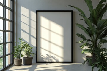 Sunlit room, empty frame, plants, window view, mockup