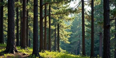 Sunlight filtering through a dense pine forest, illuminating the lush undergrowth and creating a tranquil, serene atmosphere