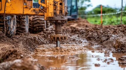 Obraz premium The drill mechanism of a water well drilling machine being lowered into the ground, with the earth beneath being disturbed.