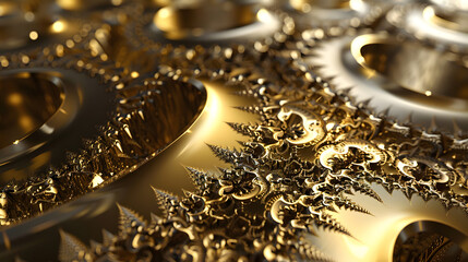 Abstract golden fractal pattern on shiny metal surface, generative ai