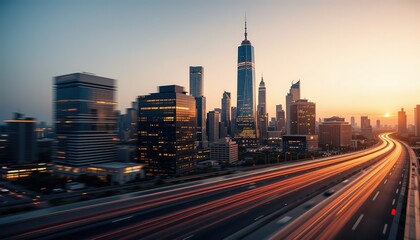Fototapeta premium City lights and skyscrapers captured at high speed with motion blur, featuring glowing orange and yellow light trails that curve into the horizon at sunset. hd image