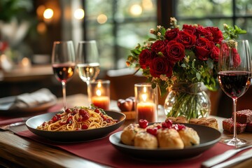 Romantic restaurant dinner, red roses, pasta, wine