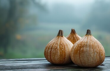 Obraz premium Three Unique Pumpkins Positioned on a Wooden Table Surrounded by a Soft Fog in a Gentle Autumn Landscape, Creating a Mysterious and Inviting Atmosphere