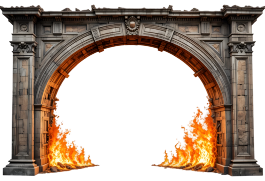 old Classic column arch burn fire isolated on transparent background png 