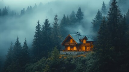 Enchanted Cabin in Misty Mountain Forest