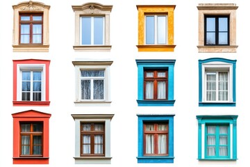 Fototapeta premium Twelve colorful windows with varied styles and designs isolated on a white background