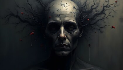 Eerie Portrait of a Dark Figure with Branch-like Hair and Red Accents