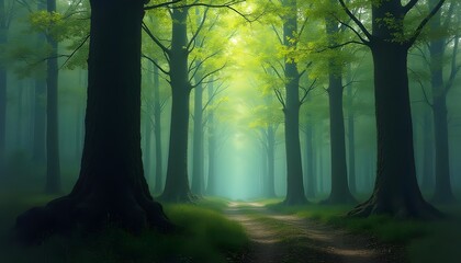 Fototapeta premium Mystical forest path with glowing light through the trees in a foggy landscape