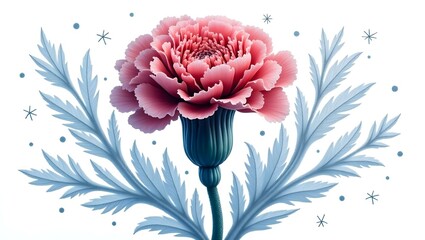 A vibrant red flower with delicately ruffled petals stands at the center, surrounded by symmetrical, cool-toned blue foliage.