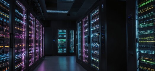 Obraz premium An advanced data center environment featuring vibrant, lit server racks, demonstrating the integration of IoT, cloud computing
