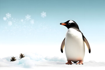 Fototapeta premium A penguin waddling on a patch of ice, with snowflakes swirling around it.