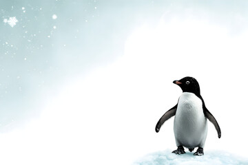 Obraz premium A penguin waddling on a patch of ice, with snowflakes swirling around it.