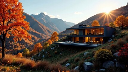 Autumnal Mountainside Residence Modern Architectural Design Amidst Vibrant Fall Foliage and Rolling Hills